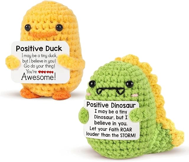 warmtree Mini Funny Positive Dinosaur Duck Gifts, 2pcs Small Handmade Crochet Animals Cute Stuff, Inspirational Gifts for Women Men Birthday Presents, Emotional Motivational Dino Duck Decor