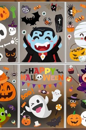 6 Sheet Window Clings - Cute Halloween Stickers and Decals for Kids - Indoor Window Decorations