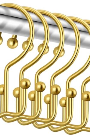 CHICTIE Gold Shower Curtain Hooks, Double Shower Curtain Rings, Stainless Steel Shower Curtain Hooks Rings Rust Proof, Anti-Drop Shower Hooks Hangers for Shower Curtain Rods Bathroom (12 Pack)