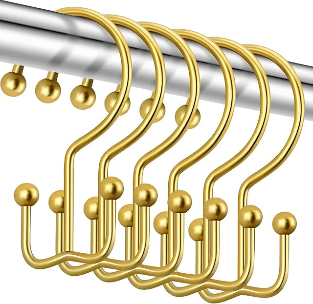 CHICTIE Gold Shower Curtain Hooks, Double Shower Curtain Rings, Stainless Steel Shower Curtain Hooks Rings Rust Proof, Anti-Drop Shower Hooks Hangers for Shower Curtain Rods Bathroom (12 Pack)