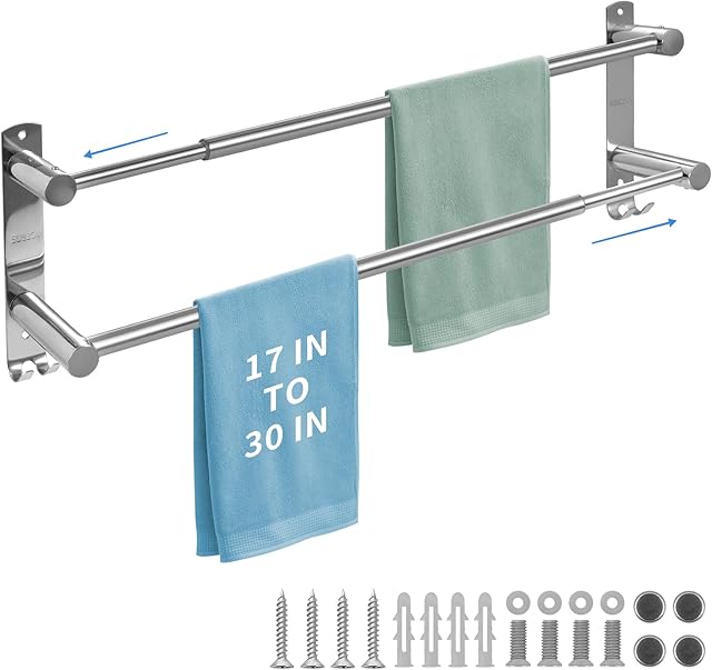 Adjustable Towel Bar & Rack for Bathroom - Stainless Steel Double Towel Holder, 17-30In