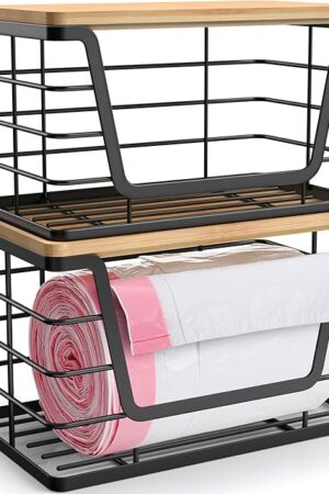 ALOCEO 2 Pack Storage Stackable Kitchen Laundry Organizers with Bamboo Top, Large Trash Bag Holder and Small Garbage Bag Dispenser for Countertop Organization