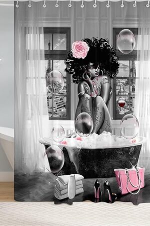 African American Woman Shower Curtain Waterproof Polyester Fabric Shower Curtain for Bathroom Grey Bathroom Curtain Machine Washable Quick Dry 72 x 72 Inches with 12 Hooks