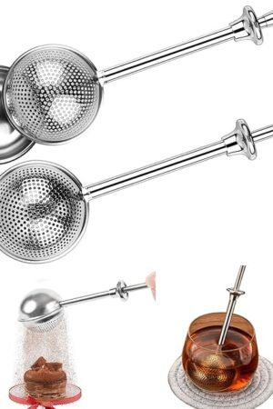 2pcs Stainless Steel Loose Tea Leaf Steeper&Sugar Shaker Duster Sifter 2 in 1, tea ball for loose leaf tea,tea strainers One-Hand Operated Spring-Loaded