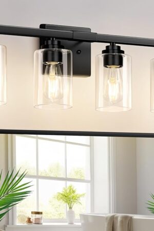 4-Light Bathroom Light Fixtures, 27" Modern Vanity Lights Over Mirror with Clear Glass Shades, Matte Black Light Fixture, Classic Wall Light Fixture for Mirror Living Room Cabinet Bedroom Porch