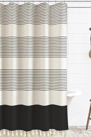 Boho Shower Curtains for Bathroom with Tassels Black Farmhouse Striped Shower Curtain Beige Rustic Linen 72x72 Inches