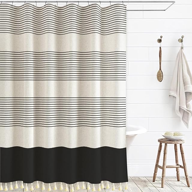 Boho Shower Curtains for Bathroom with Tassels Black Farmhouse Striped Shower Curtain Beige Rustic Linen 72x72 Inches