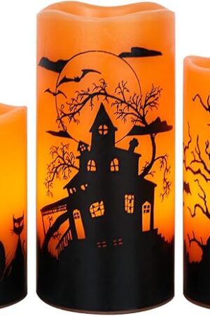 Wondise Halloween Flickering Flameless Candles with 6 Hour Timer, Battery Operated LED Real Wax Candles Set of 3 Halloween Home Decoration Gifts(3 x 4 5 6 Inch)