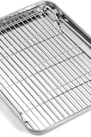 Baking Sheet with Wire Rack Set, Stainless Steel Cookie Sheet Baking Pan Toaster Oven Tray with Cooling Rack, 12.4 x 10 x 1 Inch Quarter Sheet Pan - Non Toxic & Dishwasher Safe