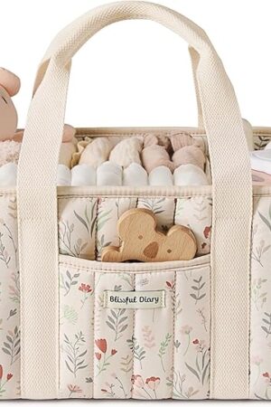 Blissful Diary Floral Diaper Caddy Organizer, Stylish Nursery Storage Basket, Gift for Baby Shower, Newborn Essentials, Floral Beige