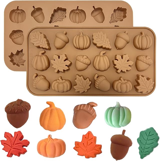2Pcs Fall Silicone Molds Autumn Silicone Chocolate Molds, 18 Cavity Thanksgiving Candy Mold, Fall Chocolate Molds, Leafs Acorns Shape for Thanksgiving Halloween Autumn Harvest, Nude Color
