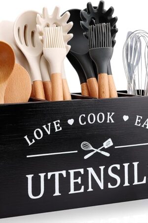 Black Farmhouse Utensil Holder for Kitchen Counter Extra Large Cooking Utensil Holder Caddy Utensils Storage Organizer for Countertop Rustic Wood Kitchen Tool Decor Utensil Crock Spatula Holder