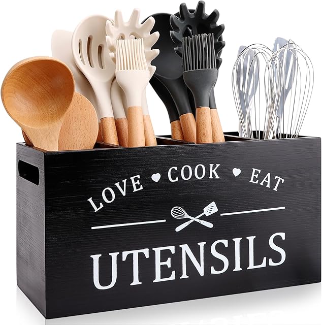 Black Farmhouse Utensil Holder for Kitchen Counter Extra Large Cooking Utensil Holder Caddy Utensils Storage Organizer for Countertop Rustic Wood Kitchen Tool Decor Utensil Crock Spatula Holder
