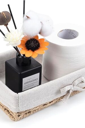 Bathroom Tray Wicker Toilet Paper Basket Toilet Tank Trays for Countertop Storage Behind Bathroom Tray Organizer Toilet Tank Top Basket Suitable for Any Home Décor Style (9.8x5.9x2.36 in, Beige)