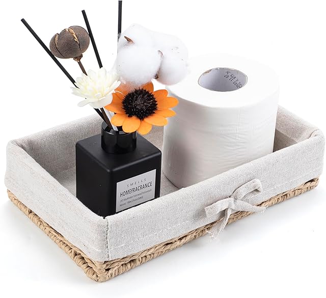 Bathroom Tray Wicker Toilet Paper Basket Toilet Tank Trays for Countertop Storage Behind Bathroom Tray Organizer Toilet Tank Top Basket Suitable for Any Home Décor Style (9.8x5.9x2.36 in, Beige)