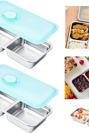 2PCS Grab and Go Stainless Steel Snack Containers with Lids,Reusable Double-Compartment Bento Lunch & Condiment Containers for Meal Prep, Work & Travel