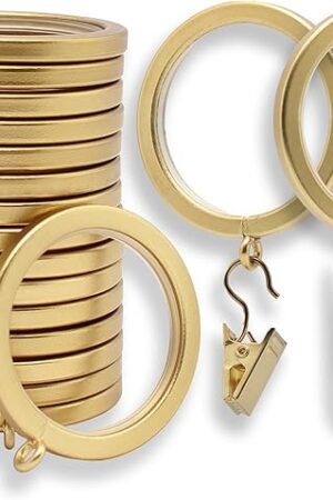 BlastHome® Luxury Curtain Rings – Premium Metal with Quiet, Smooth Nylon Inserts – Pinhooks and Clips Included – 1 1/2" Inside Diameter – 18 Rings for Two Standard Curtains – Brushed Gold