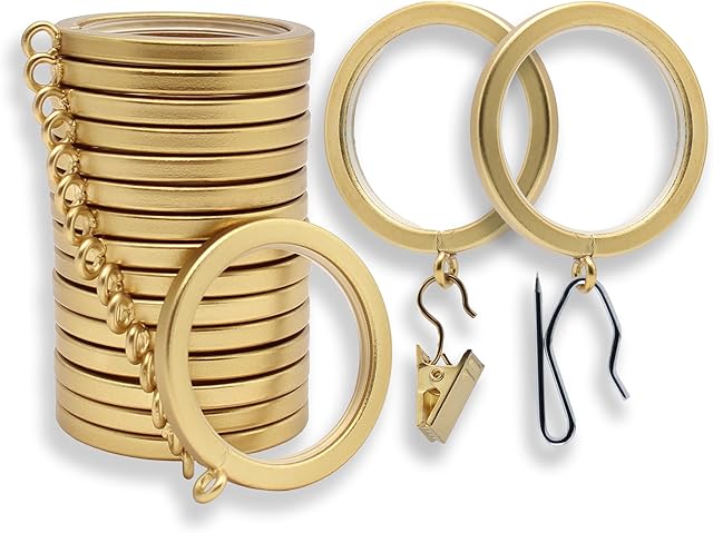 BlastHome® Luxury Curtain Rings – Premium Metal with Quiet, Smooth Nylon Inserts – Pinhooks and Clips Included – 1 1/2" Inside Diameter – 18 Rings for Two Standard Curtains – Brushed Gold