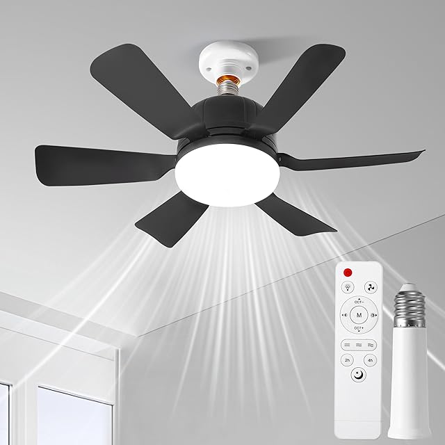 Black Socket Ceiling Fan Light 3 Color Six Blade