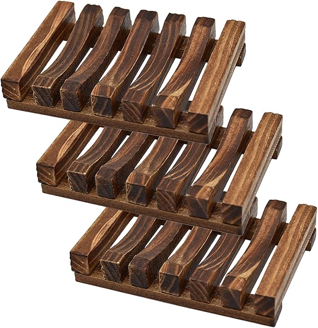 3 Pcs Natural Wooden Soap Dish Holder for Shower, Self Draining Soap Tray for Bathroom, Extend Soaps Life and Keep Dry