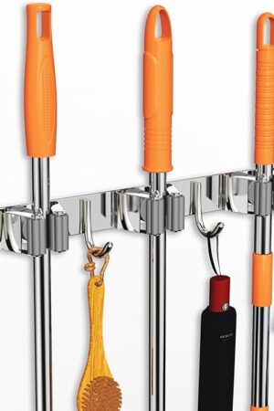 Wall Mount Mop and Broom Holder, Stainless Steel 3 Racks