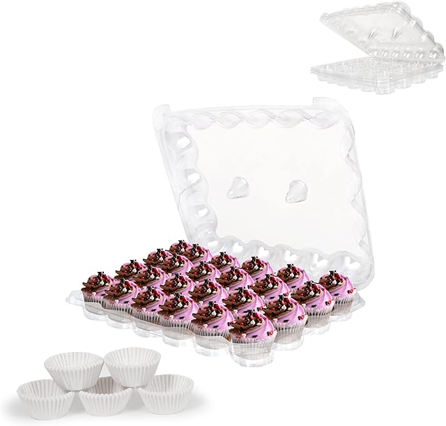 24 Compartment Mini Cupcake Containers, Set of 5 Disposable Plastic High Dome Lid Cupcake Boxes for Transporting Small Cupcakes with Tall Icing