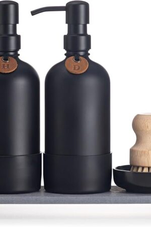 [Luxurious] Hand and Dish Soap Dispenser Set, Kitchen Soap Dispenser Set with Handmade Leather Tag, Instant Dry Tray, Stainless Steel Pump, Non-Slip Pad, Add Elegant Touch to Your Kitchen Sink