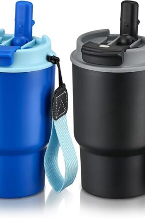 13.5oz Kids Insulated Tumbler with Straw,2 Pack Kids Insulated Water Bottle Stainless Steel Double Wall Vacuum Tumbler with 2 in 1 Sip/Swig Lids,Leak Proof Water Bottle for School(Black-Blue)