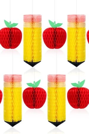 12 Pcs Pencil Hanging Honeycombs Lanterns Back to School Classroom Decor, Pencil and Apple Colorful Paper Lanterns Classroom Ceiling Decor First Day School Birthday Supplies (Yellow, Red)
