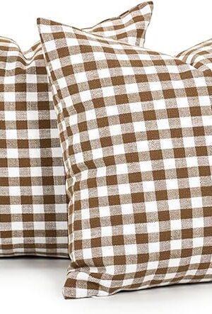 CARRIE HOME Farmhouse Brown and White Gingham Plaid Pillow Covers 18x18 Set of 2, Khaki Checkered Pillow Covers 18 x 18, Outdoor Buffalo Plaid Decorative Throw Pillows (No Pillow Inserts)