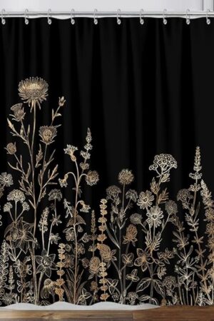 Vintage Black and Gold Boho Shower Curtain, Black and Tan Cream Floral Aesthetic Dark Wildflower Botanical Flowers Shower Curtain for Bathroom with Hook,Farmhouse Plant Art Chic Shower Curtain 72X72