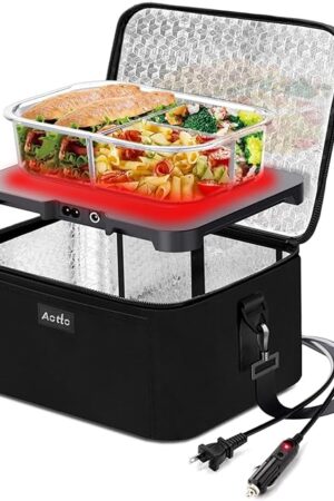 Aotto Portable Oven, Electric Lunch Box Food Heater - 12V/24V/110V 3-in-1 Car Food Warmer - Mini Personal Microwave Heated Lunch Box Warmer for Car, Truck, Travel, Office & Home Use - Black