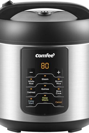 COMFEE' Compact Rice Cooker, 6-in-1 Stainless Steel Multi Cooker, Slow Cooker, Steamer, Saute, and Warmer, 2 QT, 8 Cups Cooked(4 Cups Uncooked), Brown Rice, Quinoa and Oatmeal, 6 One-Touch Programs