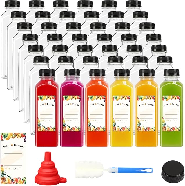 Moretoes 42pcs 16oz Plastic Juice Bottles with Caps, Reusable Juicing Bottles with Lids, Clear Containers for Smoothies and Other Beverages
