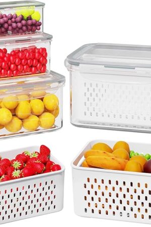 4 Pcs Fruit Storage Containers for Fridge (with Drain Basket) - Leak-Proof Food Containers, BPA-Free, Keep Fruits, Vegetables, Berries, and Meats Fresh for a Long Time, Dishwasher and Microwave Safe