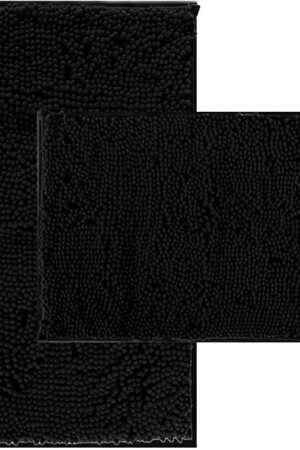 Bathroom Rugs Set 2 Piece Thick Chenille Bath Mats,Soft Quick Dry Bathroom Mats Plush Absorbent Bath Rugs with Non-Slip PVC Backing, Rug for Bathtubs,Bathroom,Livingroom-32x20+24x16 Inch Black