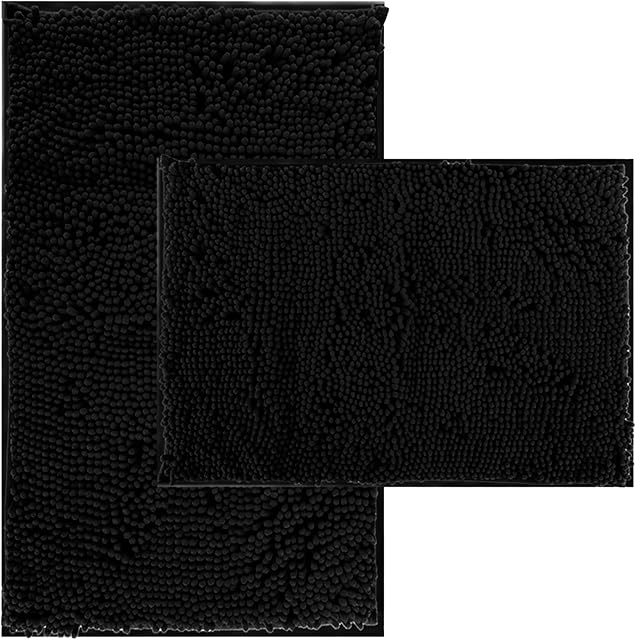 Bathroom Rugs Set 2 Piece Thick Chenille Bath Mats,Soft Quick Dry Bathroom Mats Plush Absorbent Bath Rugs with Non-Slip PVC Backing, Rug for Bathtubs,Bathroom,Livingroom-32x20+24x16 Inch Black