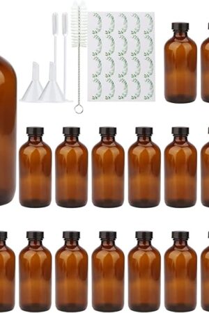 8oz Durable Glass Bottle, Reusable Glass Bottles with Airtight Lid for Shampoo, Conditioner, Essential Oils, Set of 20 (Brown)