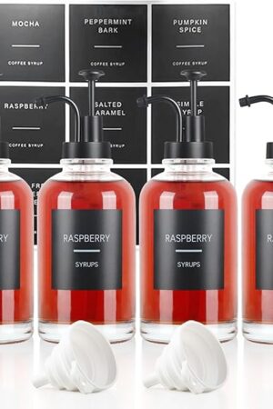 4PCS Coffee Syrup Dispenser, Glass Syrup Dispenser for Coffee Bar w. Labels and Pump, 16.9 oz 500ml Syrup Pump Dispenser, Coffee Bar Accessories Simple Syrup Bottle w. Pump, Ideal Gift