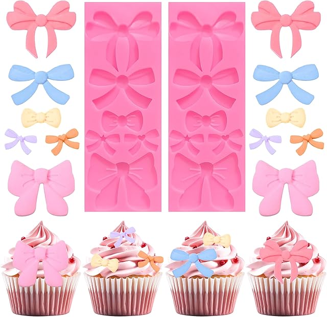Bow Chocolate Mold, 2 Pcs Silicone Candy Molds, Small Bow Fondant Mold for DIY Cake Cupcakes Desserts Decorating of Birthday Wedding Party (Pink)
