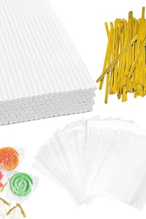 300 PCS Cake Pop Bags and Sticks Kit, Including 100ct 6-inch Paper Lollipop Sticks, 100ct Clear Treat Bags, 100ct Gold Twist Ties, CHELIZIYA for Cakepop, Lollipop, Candy, Chocolate, Sucker, Desserts