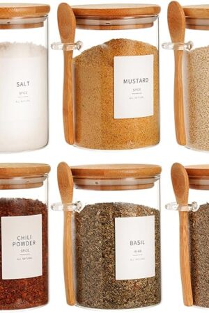 6 Pcs Glass Jar with Bamboo Lid and Spoon - 17 oz Large Sugar Container with 148 Kitchen Pantry Spice Jar Labels Preprinted - Glass Containers with Wooden Lids Hold Coffee, Tea, Candy