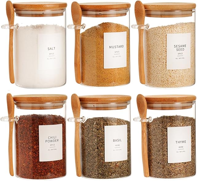 6 Pcs Glass Jar with Bamboo Lid and Spoon - 17 oz Large Sugar Container with 148 Kitchen Pantry Spice Jar Labels Preprinted - Glass Containers with Wooden Lids Hold Coffee, Tea, Candy