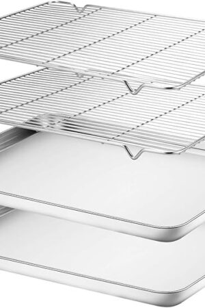 Wildone Baking Sheet & Rack Set [2 Sheets + 2 Racks], Stainless Steel Cookie Pan with Cooling Rack, Size 16 x 12 x 1 Inch, Non Toxic & Heavy Duty & Easy Clean