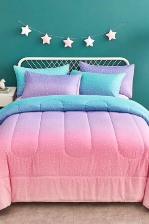 Yogeneg Rainbow Comforter Set Full/Queen Size Metallic Star Moon Microfiber 3 Piece Queen