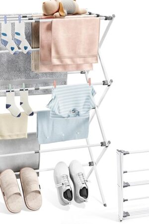 APEXCHASER Clothes Drying Rack, Foldable & Extendable Laundry Rack with Adjustable Size (14.57in-35.43inW), Space-Saving, Rust-Resistant Frame & Floor Protection for Indoor/Outdoor Use, White