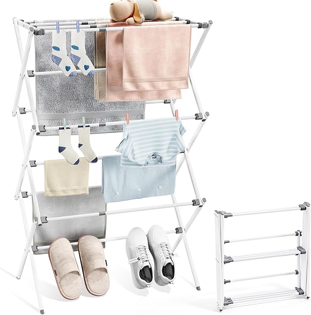 APEXCHASER Clothes Drying Rack, Foldable & Extendable Laundry Rack with Adjustable Size (14.57in-35.43inW), Space-Saving, Rust-Resistant Frame & Floor Protection for Indoor/Outdoor Use, White