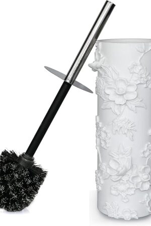 White Floral Branches Design Resin Toilet Bowl Brush and Holder Set, Elegant Bathroom Cleaning Tool with Durable Bristles, Compact and Functional