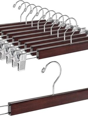 Amber Home 10 Pack 14.17" Solid Walnut Wooden Pant Skirt Hangers, Bottom Hangers for Slacks Trousers Jeans with 2-Adjustable Anti-Rust Clips (Walnut, 10 Pack)