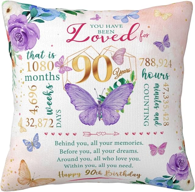 90th Birthday Gifts for Women, 90th Birthday Decorations for Women, Gift for 90 Year Old Woman, 90 Year Old Birthday Gift for Woman, 90 Party Favors Throw Pillow Covers 18 x 18 Inch